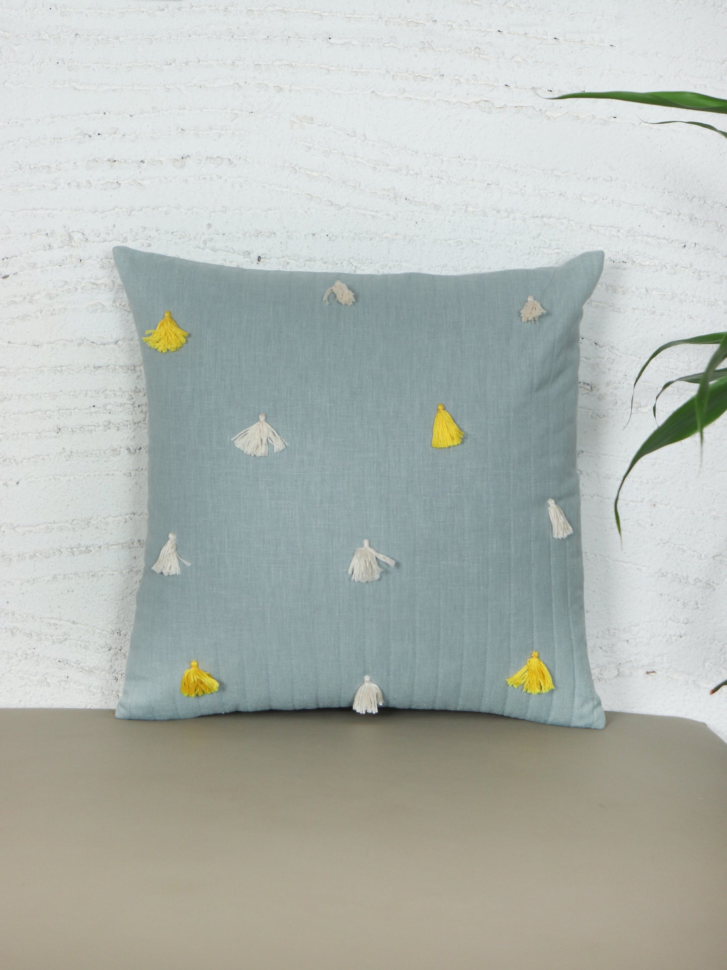 ZEBA World Eurosham Cushion Cover for Sofa, Bed | Quilted with Tassels - Cotton Blended | Light Blue - 20x20in(50x50cm) (Pack of 1)