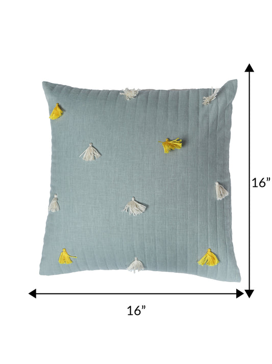 ZEBA World Eurosham Cushion Cover for Sofa, Bed | Quilted with Tassels - Cotton Blended | Light Blue - 20x20in(50x50cm) (Pack of 1)
