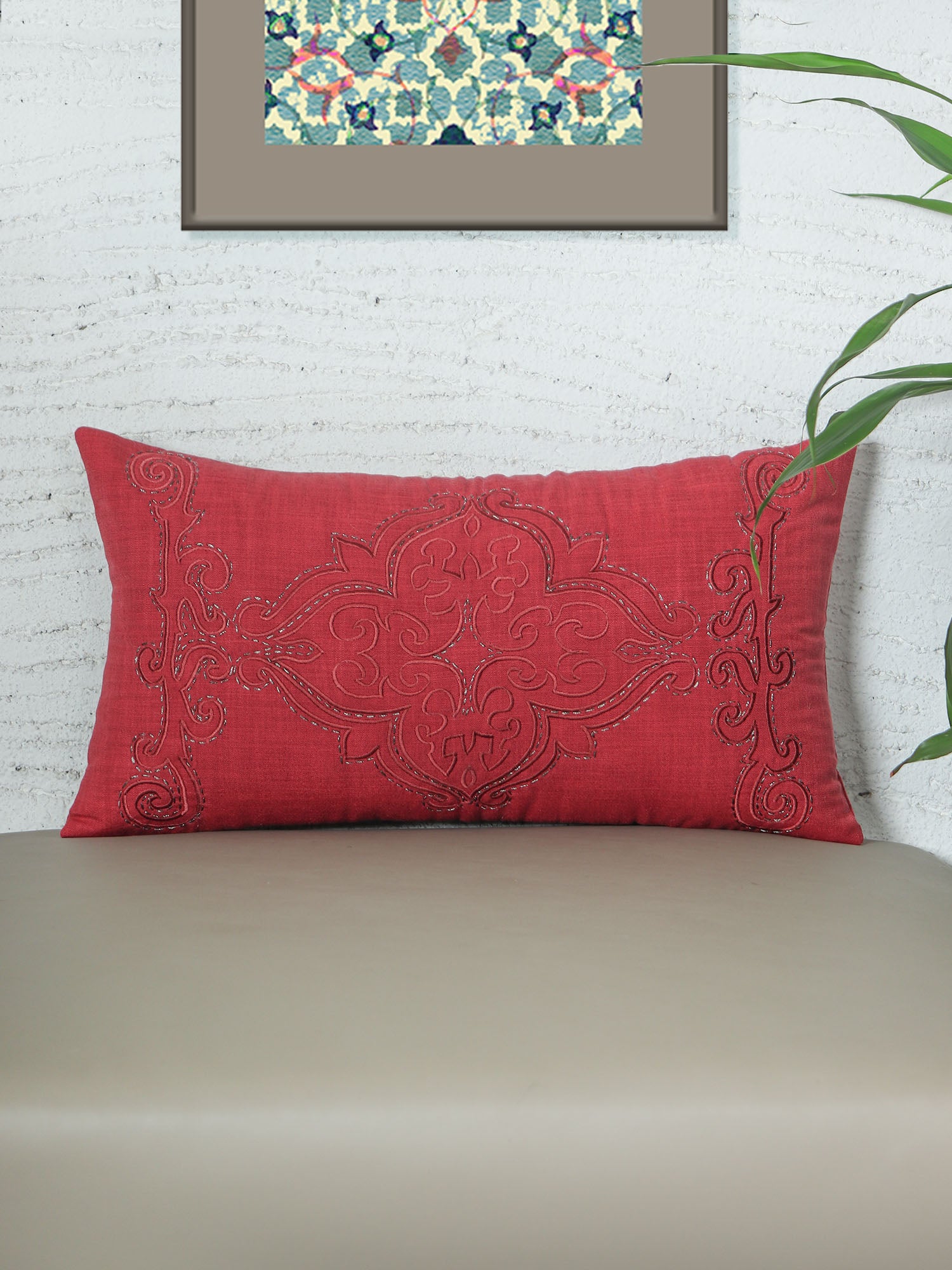 ZEBA World Rectangular Cushion Cover for Sofa - Lumbar Cushion | Hand Embroidery(Chawal Taka) with Quilting Embroidery - Cotton Blend | Red - 12x22in(30x55cm) (Pack of 1)