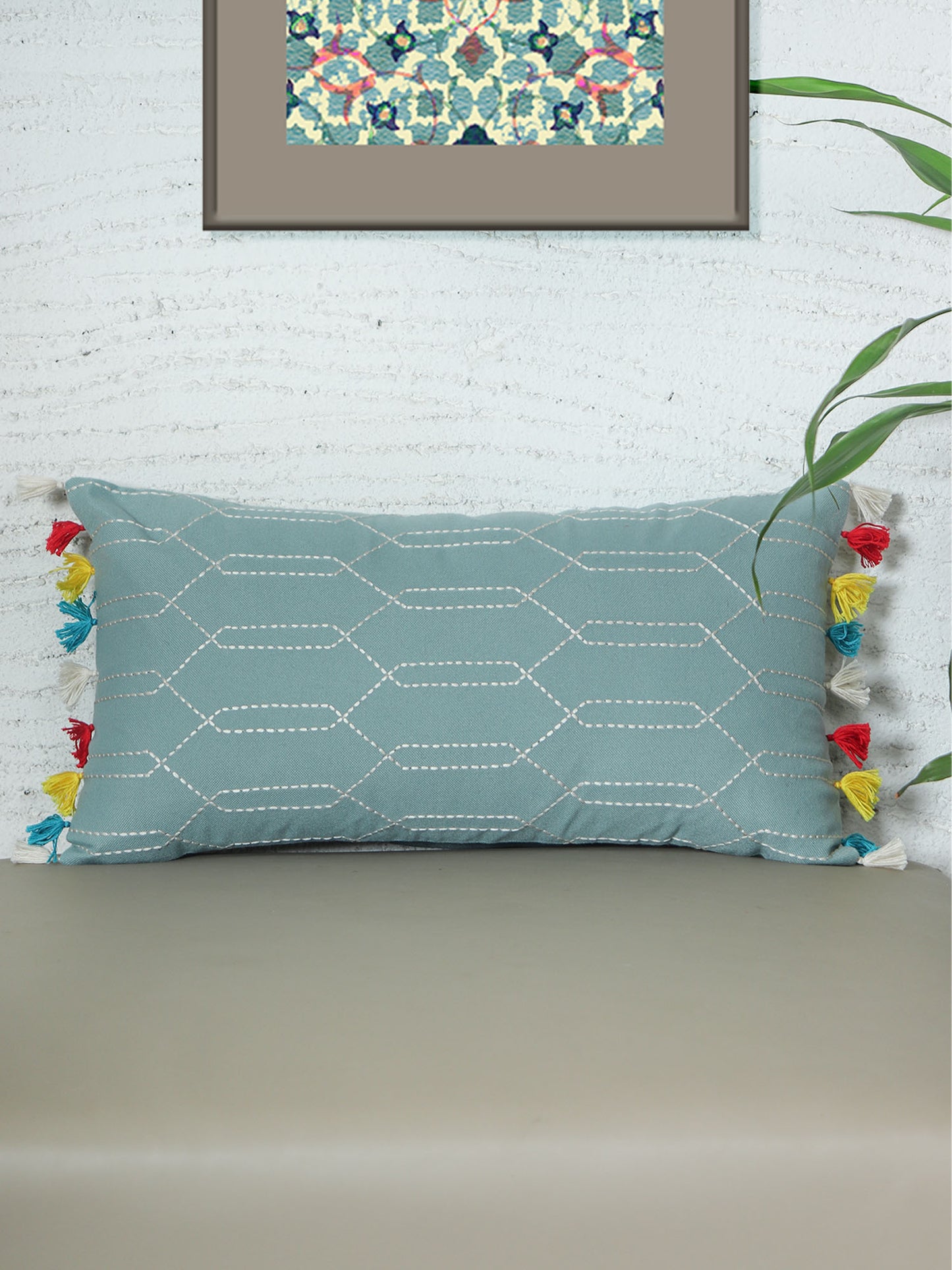 ZEBA World Rectangular Cushion Cover for Sofa - Lumbar Cushion | Hand Embroidery(Chawal Taka) with Tassels - Cotton Blend | Light Green - 12x22in(30x55cm) (Pack of 1)