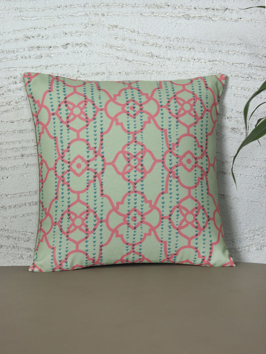 Cushion Cover with Mughal Jali Printed - Polycanvas | Teal Blue - 16x16in