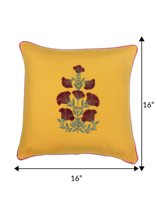 ZEBA World Square Cushion Cover for Sofa, Bed | Floral Embroidery with Applique and Cord Piping - Cotton Blend | Yellow - 16x16in(40x40cm) (Pack of 1)