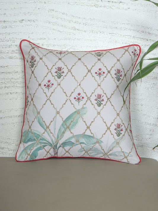Cushion Cover with Hand Embroidery on Mughal Garden Print with Cord Piping - Cotton Blend | White - 20x20in