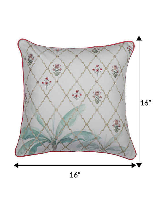 Cushion Cover with Hand Embroidery on Mughal Garden Print with Cord Piping - Cotton Blend | White - 20x20in