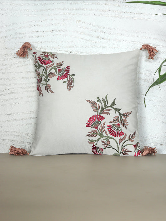ZEBA World Square Cushion Cover for Sofa, Bed | Floral Hand Embroidery with Tassels - Cotton | Offwhite - 16x16in(40x40cm) (Pack of 1)