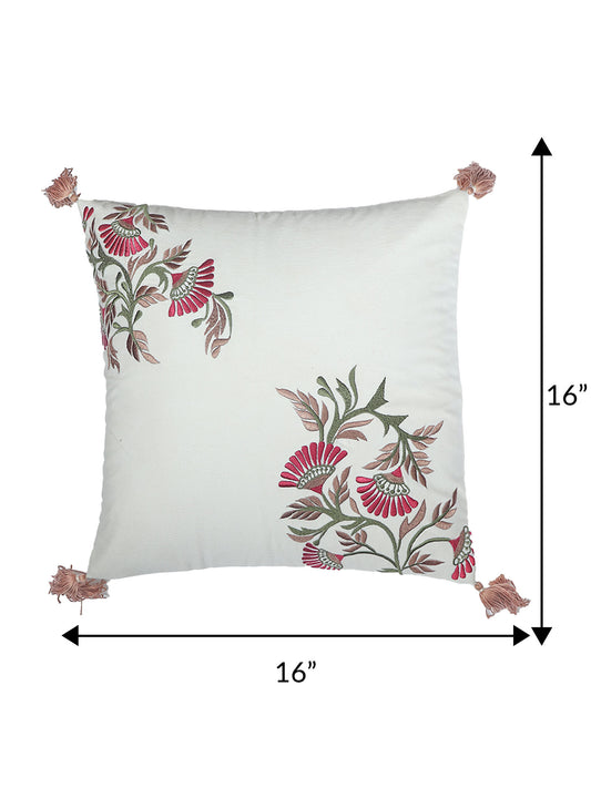 ZEBA World Square Cushion Cover for Sofa, Bed | Floral Hand Embroidery with Tassels - Cotton | Offwhite - 16x16in(40x40cm) (Pack of 1)