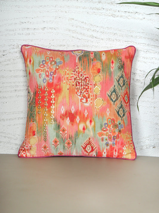 Cushion Cover with Modern Ikat Print with Hand Embroidery and Cord Piping - Polycanvas | Orange - 16x16in