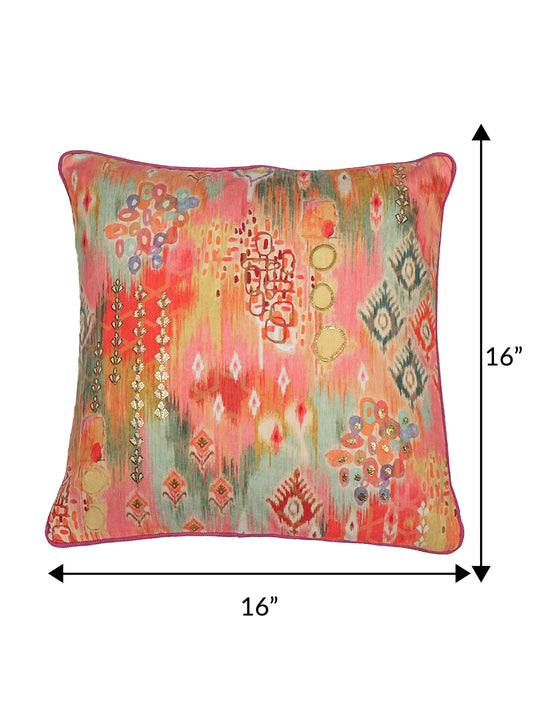 ZEBA World Square Cushion Cover for Sofa, Bed | Modern Ikat Print with Hand Embroidery and Cord Piping - Polycanvas | Orange - 16x16in(40x40cm) (Pack of 1)