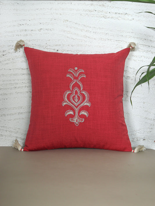 ZEBA World Square Cushion Cover for Sofa, Bed | Motif Embroidery with Tassels - Polycanvas | Red - 16x16in(40x40cm) (Pack of 1)