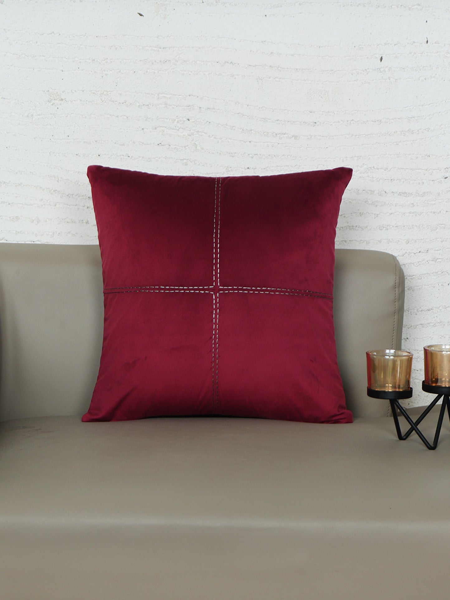 Hand Embroidered Velvet Cushion Cover - Luxe Collection | Sofa, Bedroom, Couch | Maroon - 16x16 inch (40x40 cms) (Pack of 1)