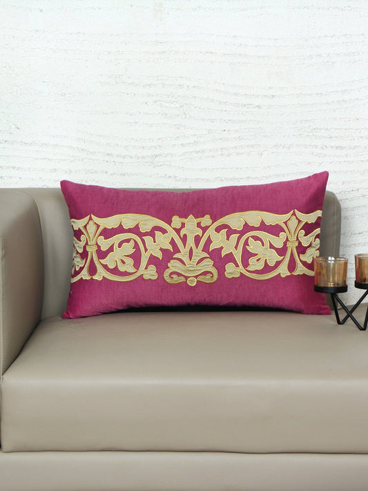 ZEBA World Rectangular Cushion Cover - Luxe Collection | Sofa, Bedroom, Couch | Polycanvas Floral Applique - Magenta Pink - 12x22 inch (30x55 cms) (Pack of 1)