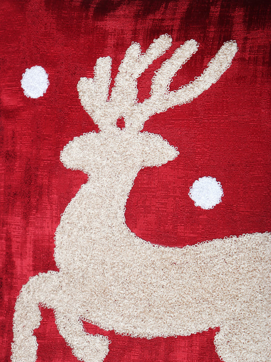 ZEBA World Christmas Reindeer Cushion Cover for Sofa, Bed | Riendeer in Towel Embroidery  - Polyester | Dual Tone Red - 16x16in (40x40cm) (Pack of 1)