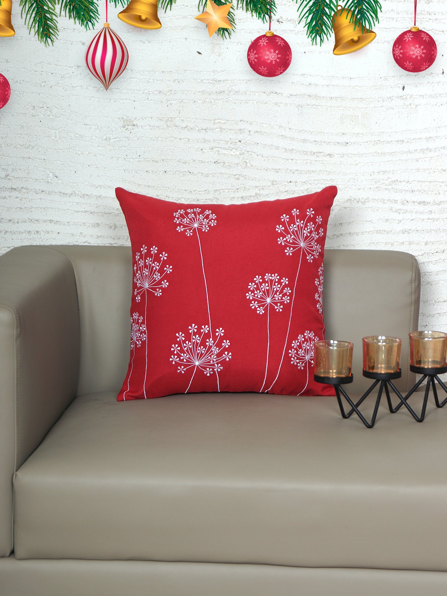 ZEBA World Christmas Cushion Cover for Sofa, Bed | Embrodeired Snowflake Dandelions - Polycanvas | Red White - 16x16in (40x40cm) (Pack of 1)