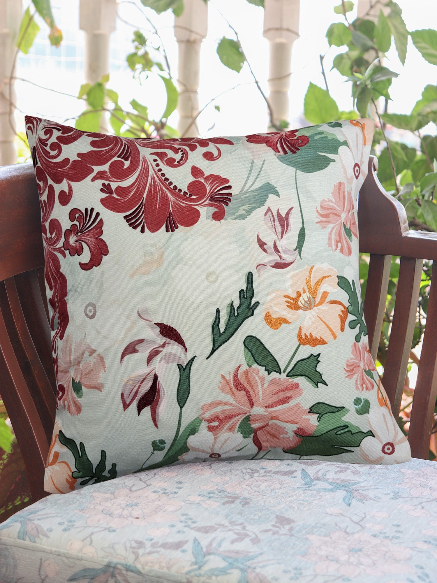Cushion Cover with Digital Printed Floral with Embroidery - Polycanvas | Multicolor - 16x16in (40x40cm) (Pack of 1)