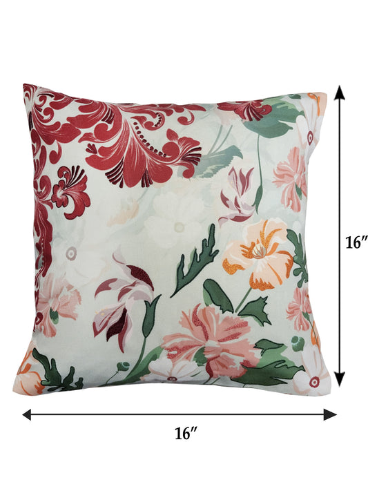 Cushion Cover with Digital Printed Floral with Embroidery - Polycanvas | Multicolor - 16x16in (40x40cm) (Pack of 1)