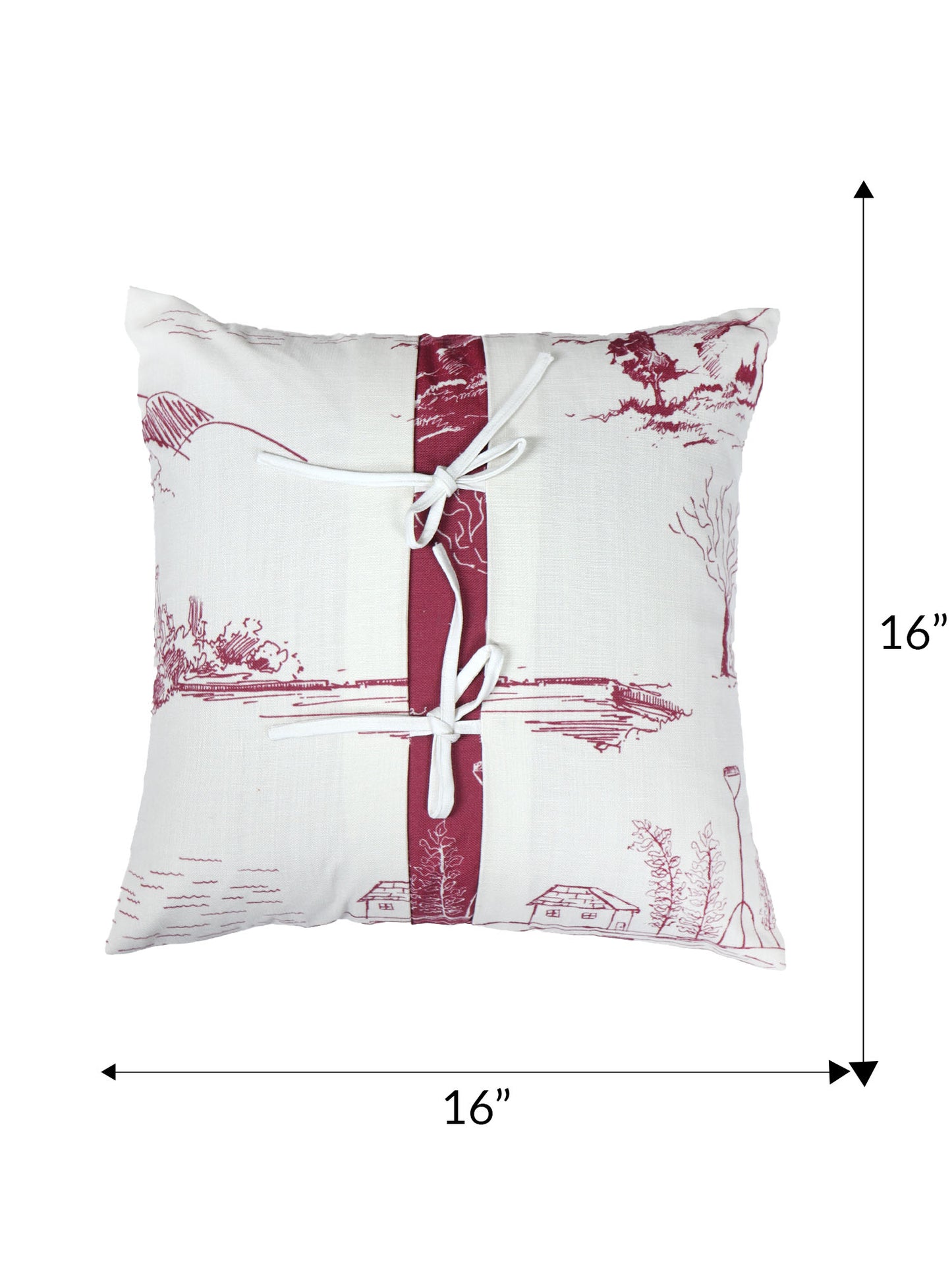 Cushion Cover - Luxe Collection | Sofa, Bedroom, Couch | Polycanvas Floral Printed with Overlapping Patch and Dori - Maroon on White - 16x16 inch (40x40 cms) (Pack of 1)