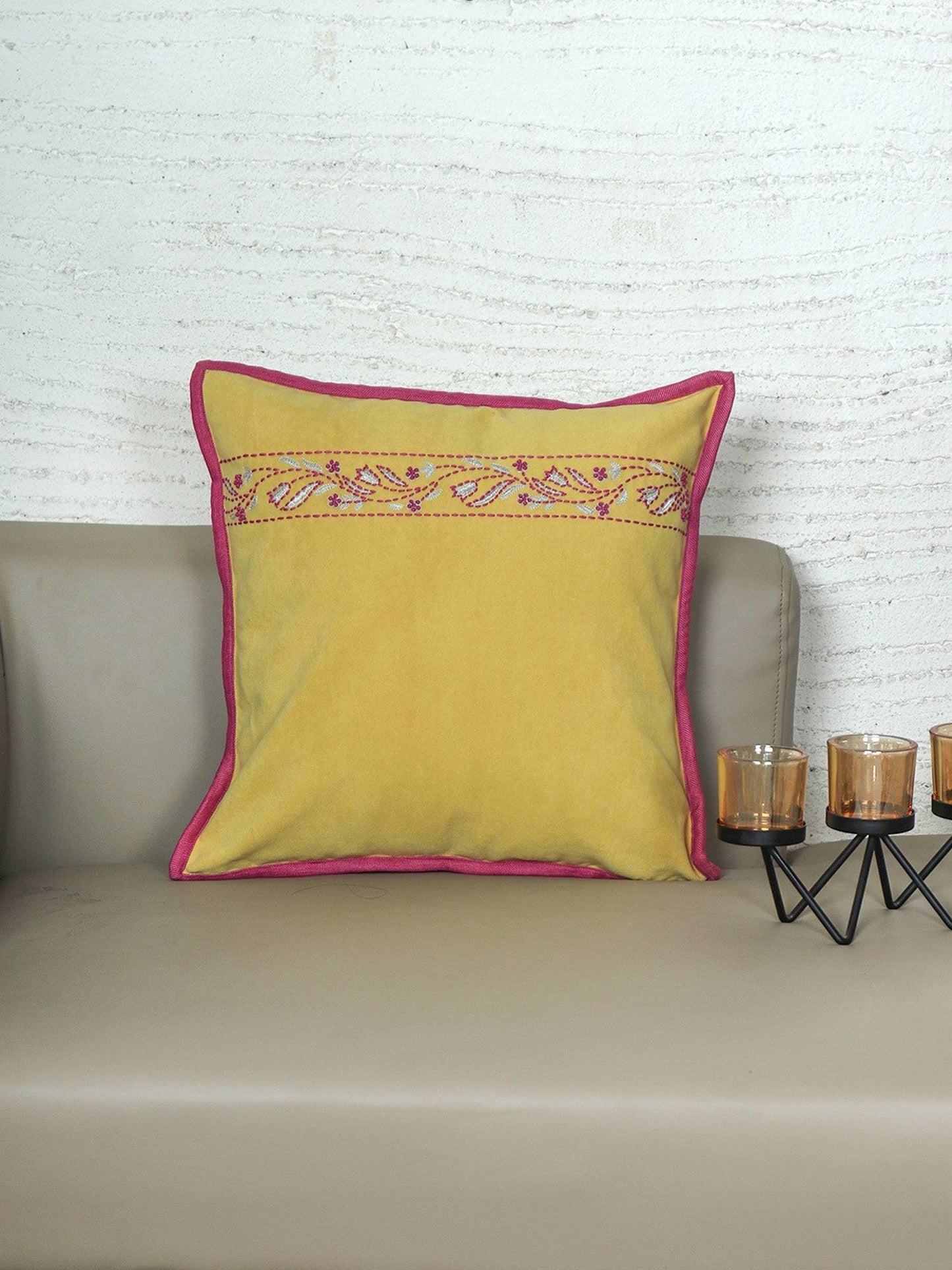 ZEBA World Hand Embroidered Cushion Cover - Luxe Collection | Sofa, Bedroom, Couch | Polycanvas Floral Embroidery with Flange Border - Yellow - 16x16 inch (40x40 cms) (Pack of 1)