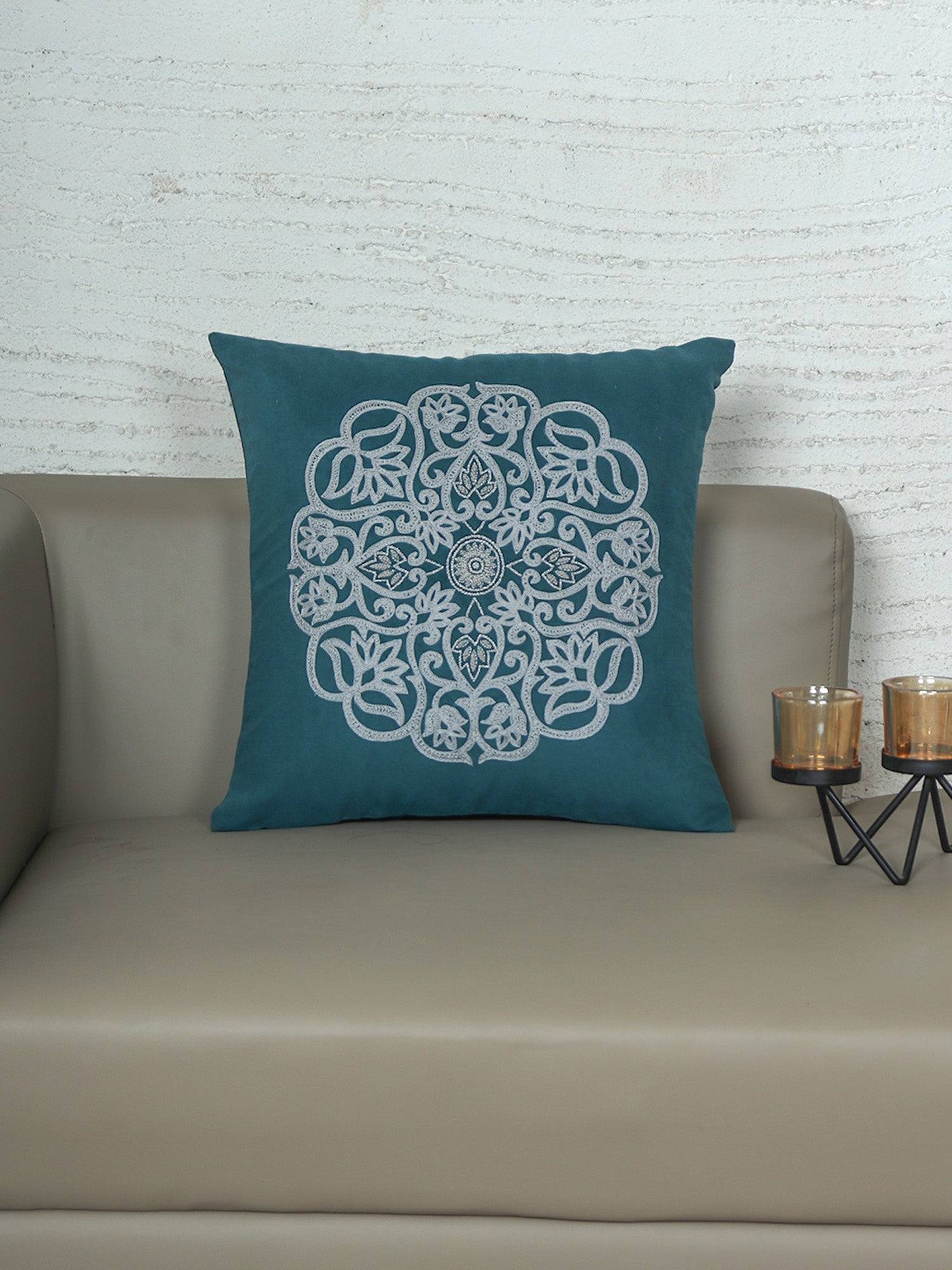 Hand Embroidered Cushion Cover - Luxe Collection | Sofa, Bedroom, Couch | Polycanvas Motif Embroidery - Teal Blue - 16x16 inch (40x40 cms) (Pack of 1)