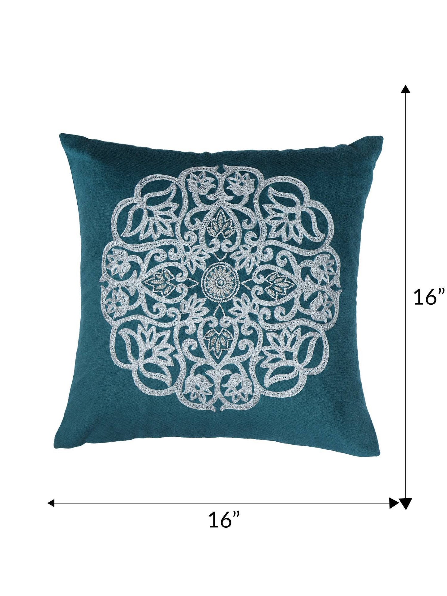 ZEBA World Hand Embroidered Cushion Cover - Luxe Collection | Sofa, Bedroom, Couch | Polycanvas Motif Embroidery - Teal Blue - 16x16 inch (40x40 cms) (Pack of 1)