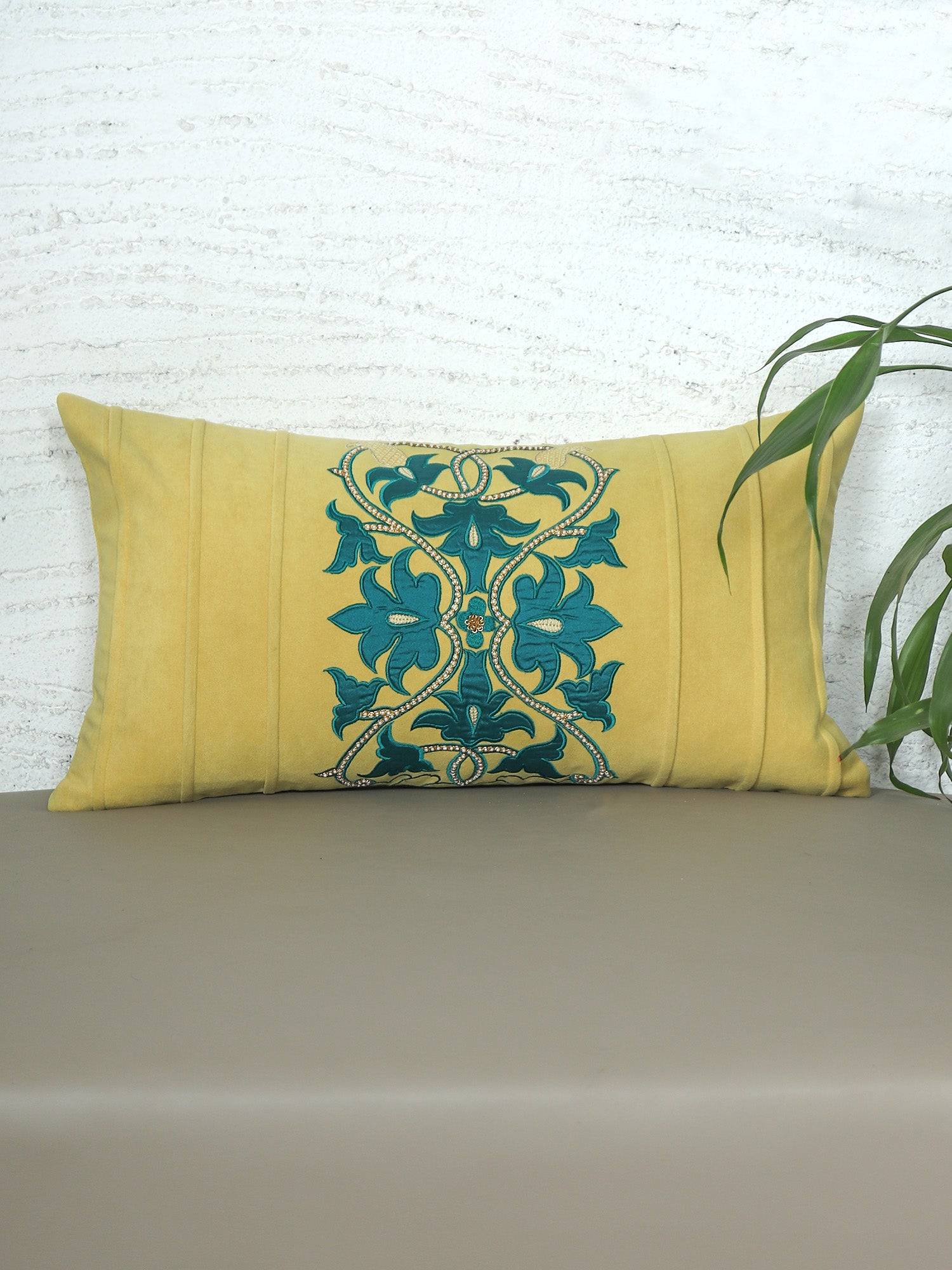 Hand Embroidered Cushion Cover - Luxe Collection | Sofa, Bedroom, Couch | Polycanvas Applique with Floral Embroidery and Moti Work- Yellow - 12x22 inch (30x55 cms) (Pack of 1)