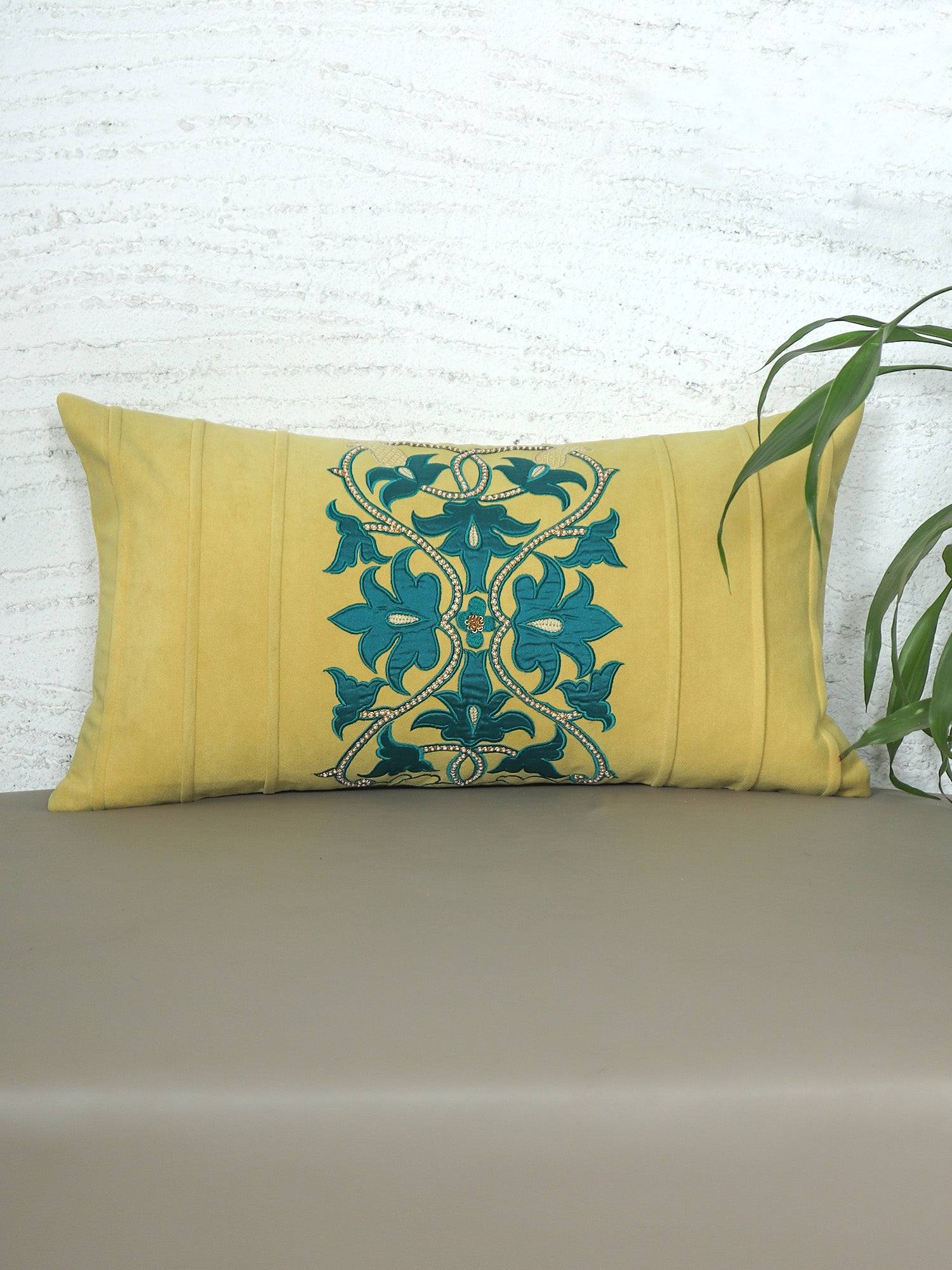 ZEBA World Hand Embroidered Cushion Cover - Luxe Collection | Sofa, Bedroom, Couch | Polycanvas Applique with Floral Embroidery and Moti Work- Yellow - 12x22 inch (30x55 cms) (Pack of 1)