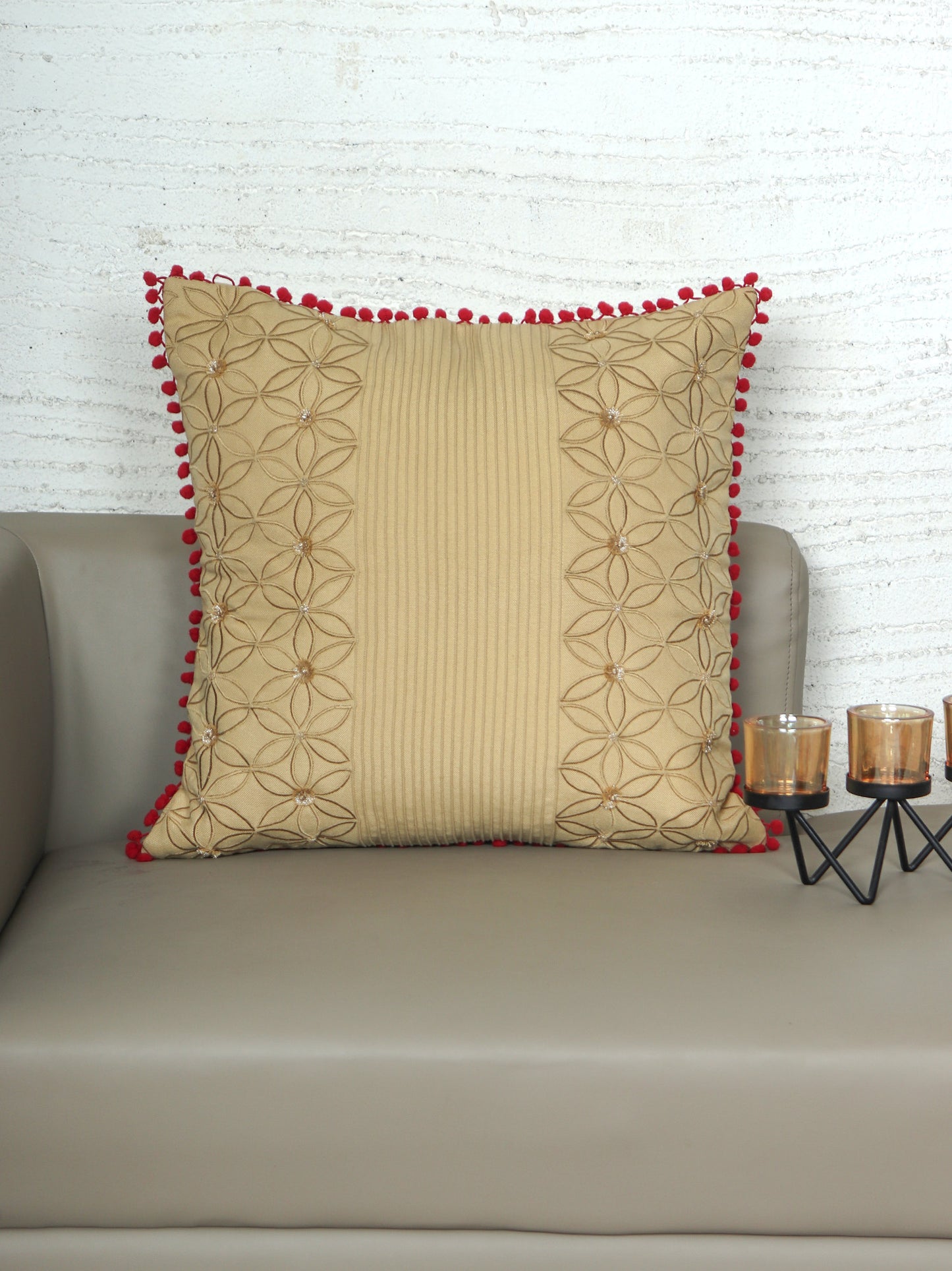 Hand Embroidered Cushion Cover - Luxe Collection | Sofa, Bedroom, Couch | Polycanvas Embroidery with Pompoms - Cream - 18x18 inch (45x45 cms) (Pack of 1)
