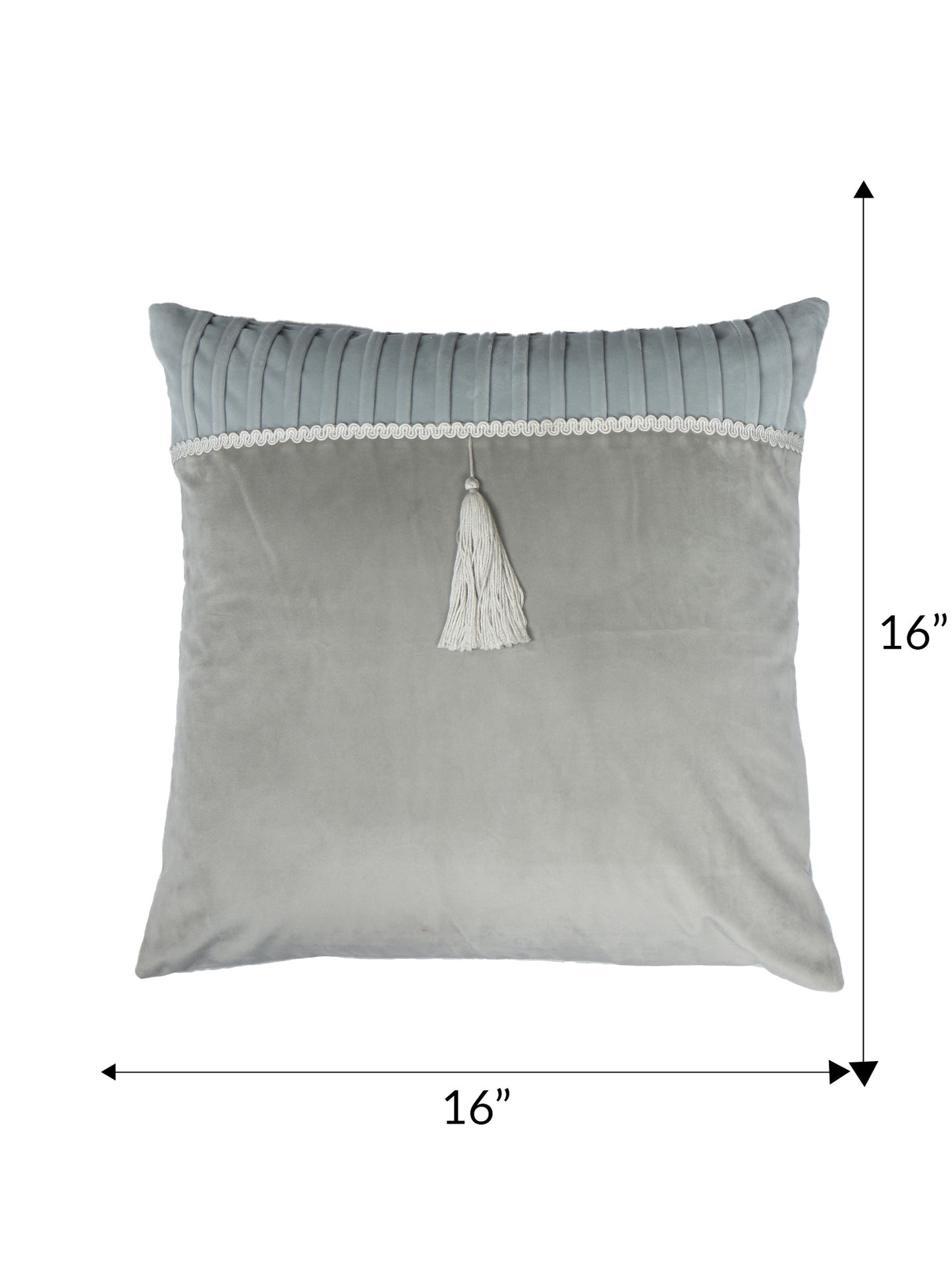 Velvet Cushion Cover - Luxe Collection | Sofa, Bedroom, Couch | Pleated with Lace and Tassle - Gray - 16x16 inch (40x40 cms) (Pack of 1)