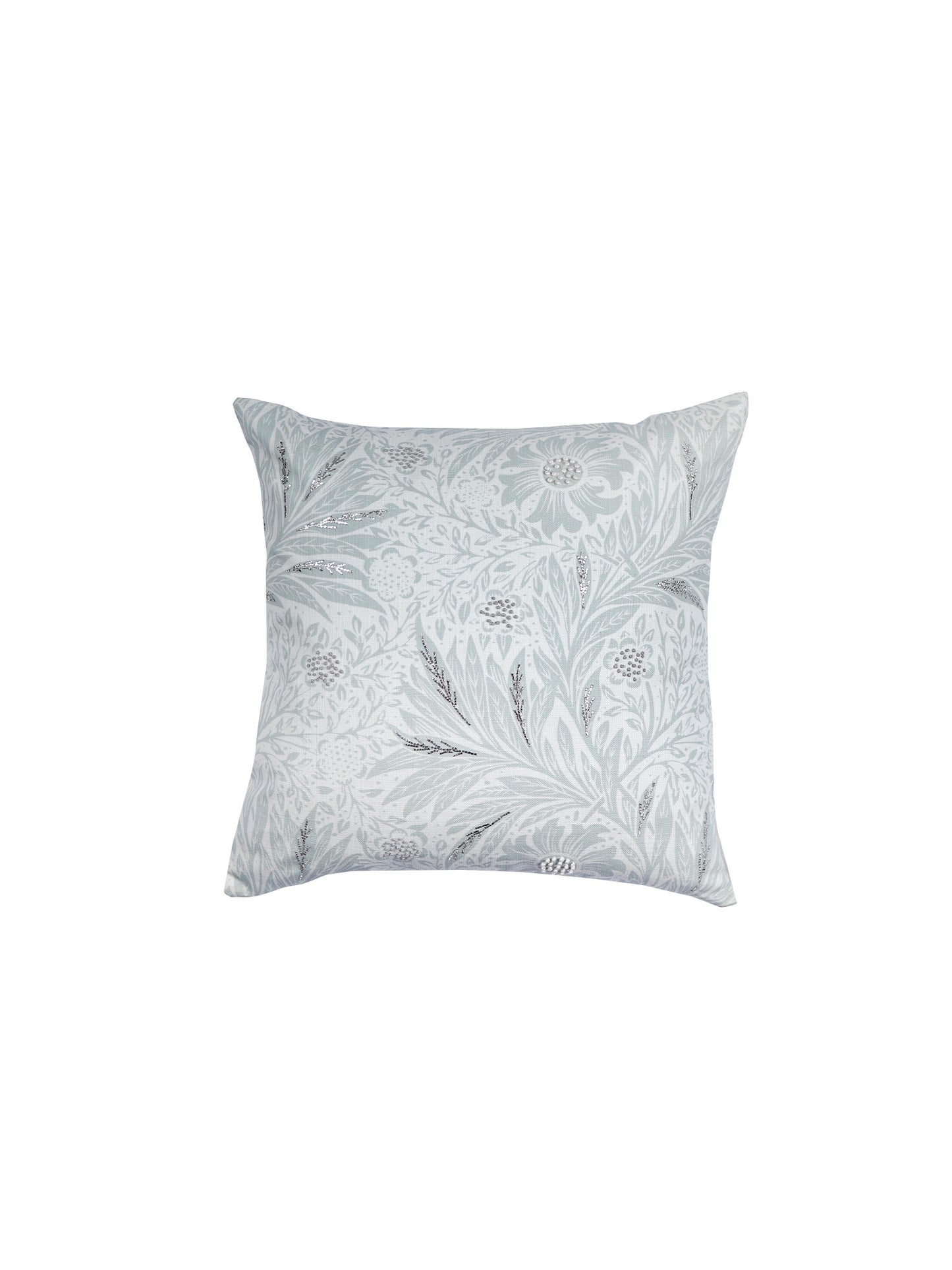 Hand Knotted with Beaten Zardozi Cushion Cover | Digitally Printed Mint Green - 16 x 16 Inches