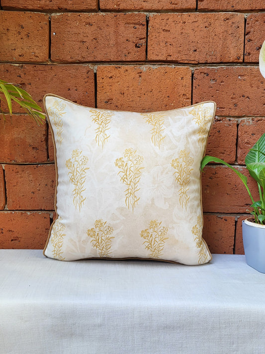 Velvet Cushion Cover-Floral Pattern|Contrast Cord Piping |Beige 16x16 Inches (Set of 1)