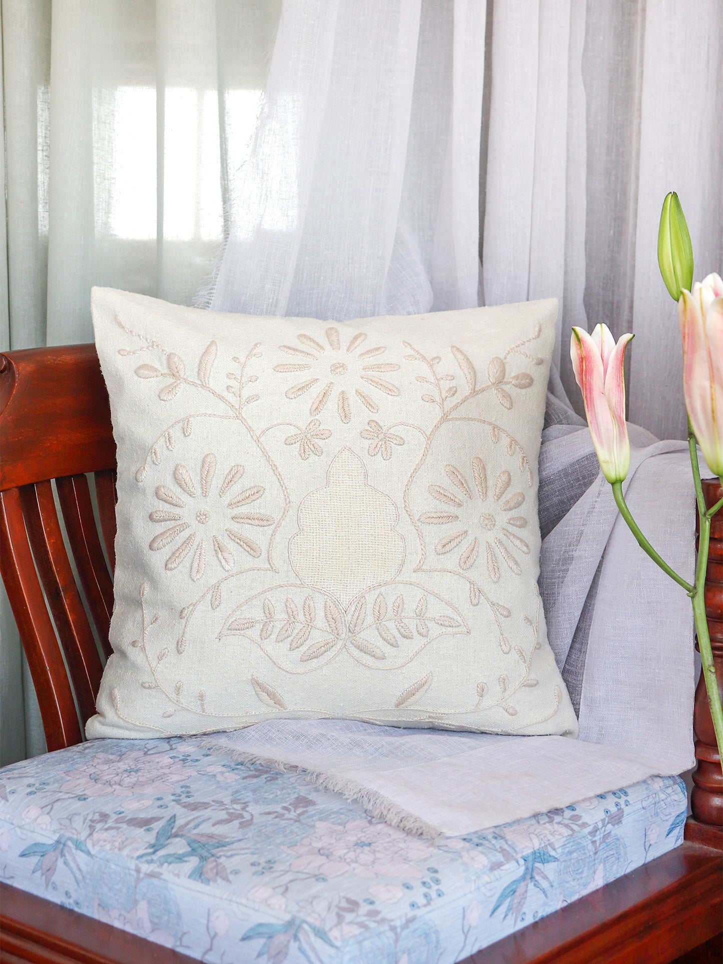 Hand Embroidered Luxe Collection Cushion Covers with Floral Pattern, Jhali and Cord Piping | Multi 16x16, 18x18, 20x20, 12x22 Inches (Set of 7)