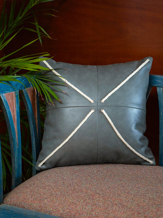Zeba Leather Cushion Cover - Grey ,Patchwork 16x16''