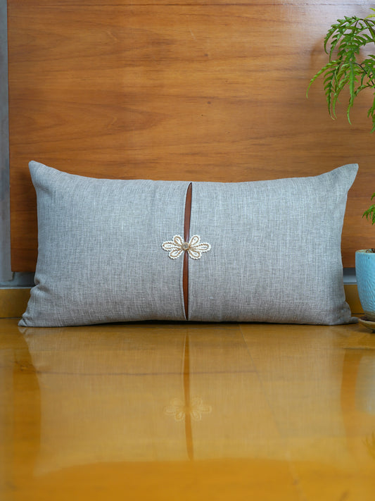 Polyester Blend  Grey Cushion Cover -Overlap and Hand Work, 12x22 inches, Set of 1