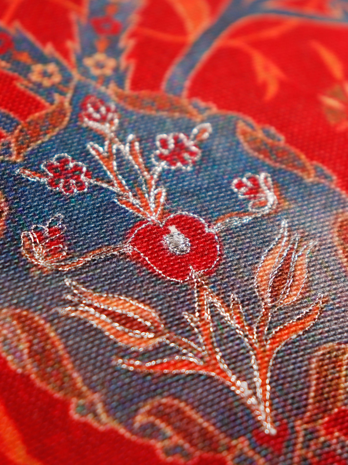 Cushion Cover with Floral Print and Highlighted Silver Embroidery - Red/Grey - 16x16in