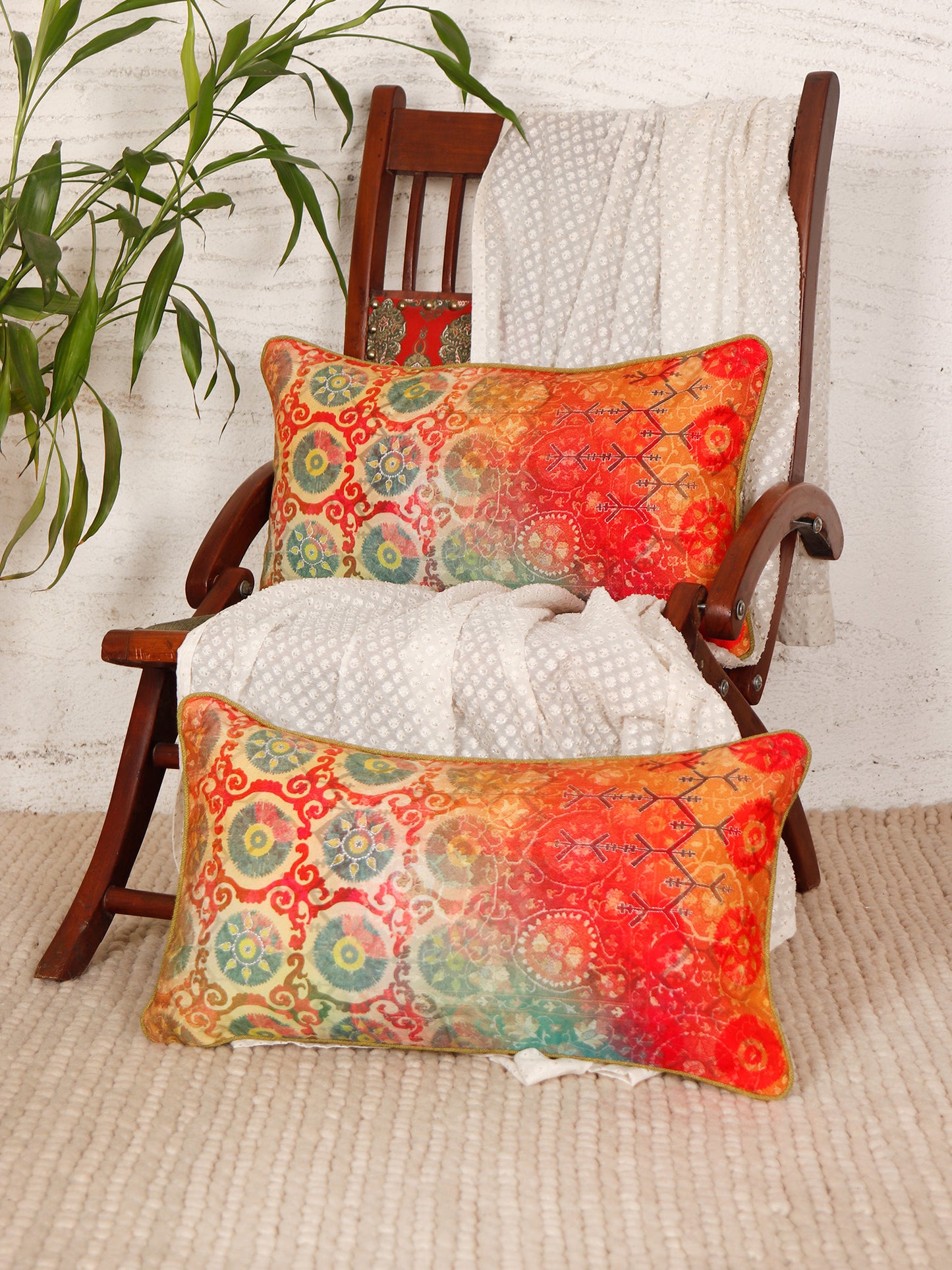 Cushion Cover with Motif Print and Highlited Embroidery and Contrast Cord Piping - Red/Orange - 12x22 Inches