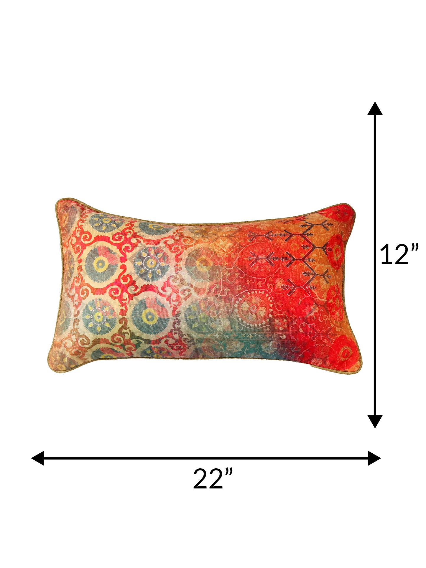 Cushion Cover with Motif Print and Highlited Embroidery and Contrast Cord Piping - Red/Orange - 12x22 Inches