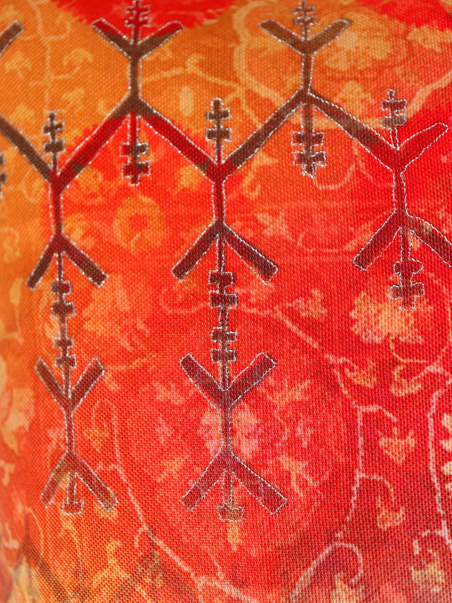 Cushion Cover with Motif Print and Highlited Embroidery and Contrast Cord Piping - Red/Orange - 12x22 Inches