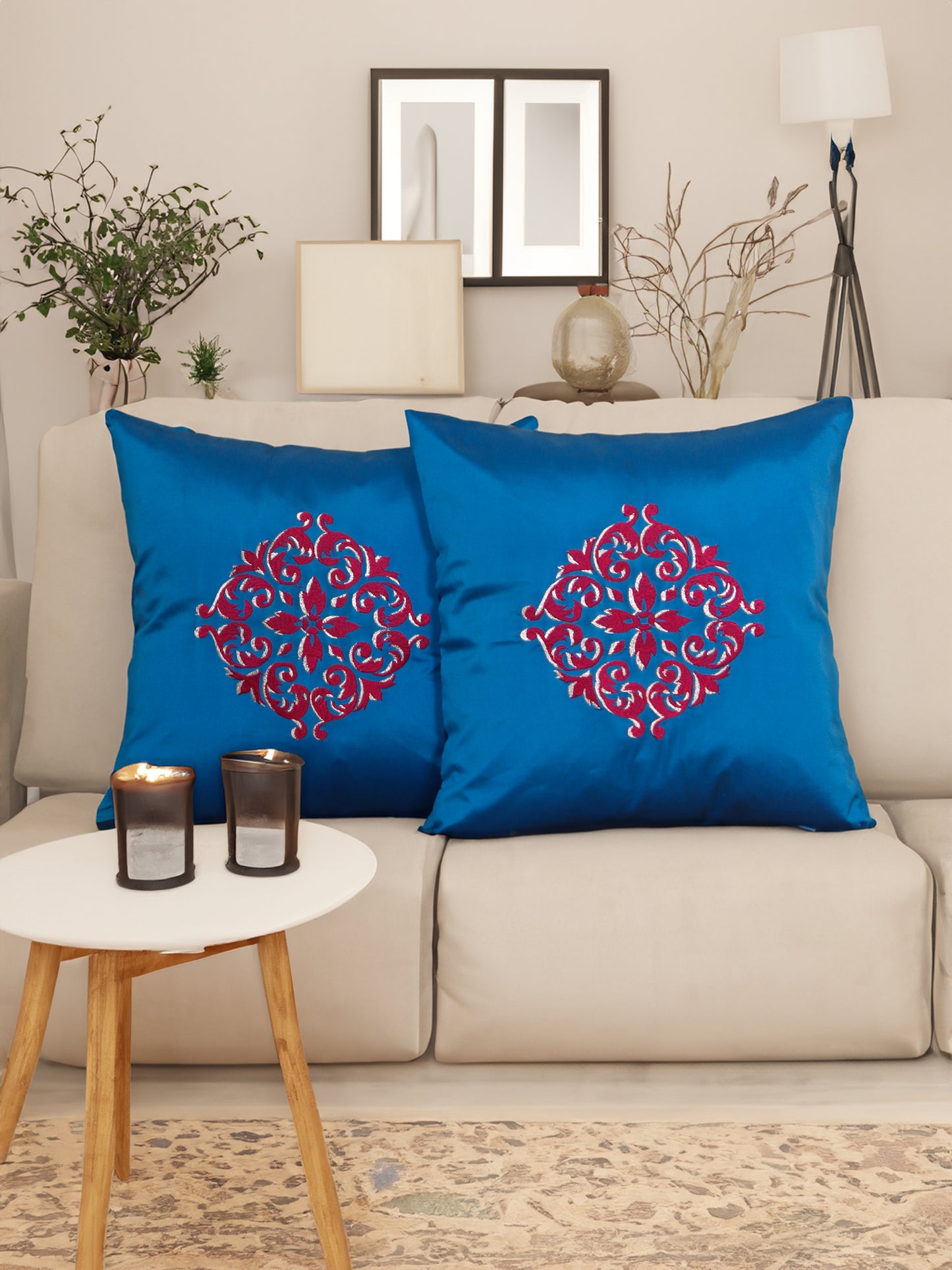 Central Mandala Ethinic Motif in Two Tone Embrodiery  Cushion Cover - Blue/Red - 16x16 Inches