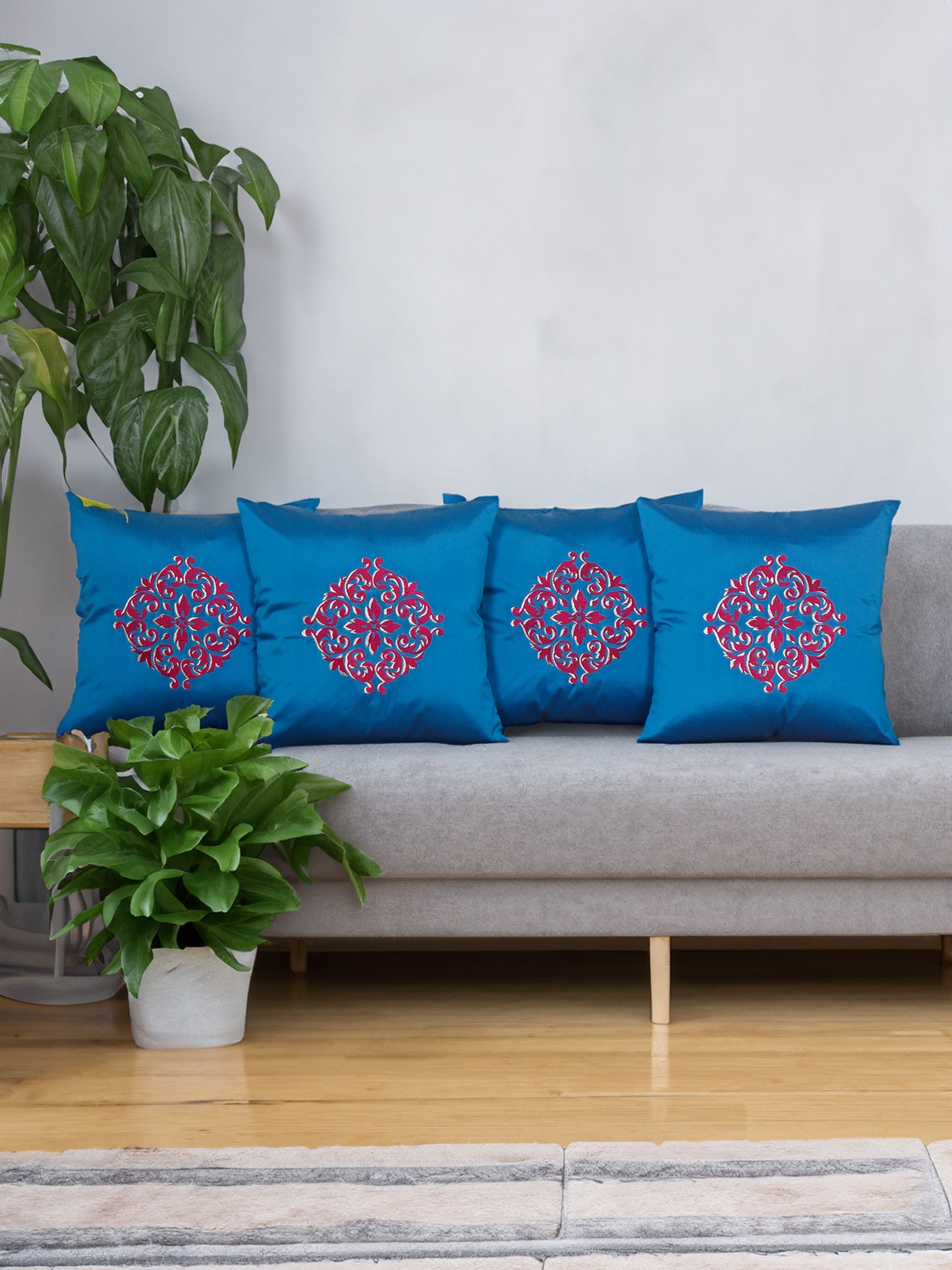 Central Mandala Ethinic Motif in Two Tone Embrodiery  Cushion Cover - Blue/Red - 16x16 Inches