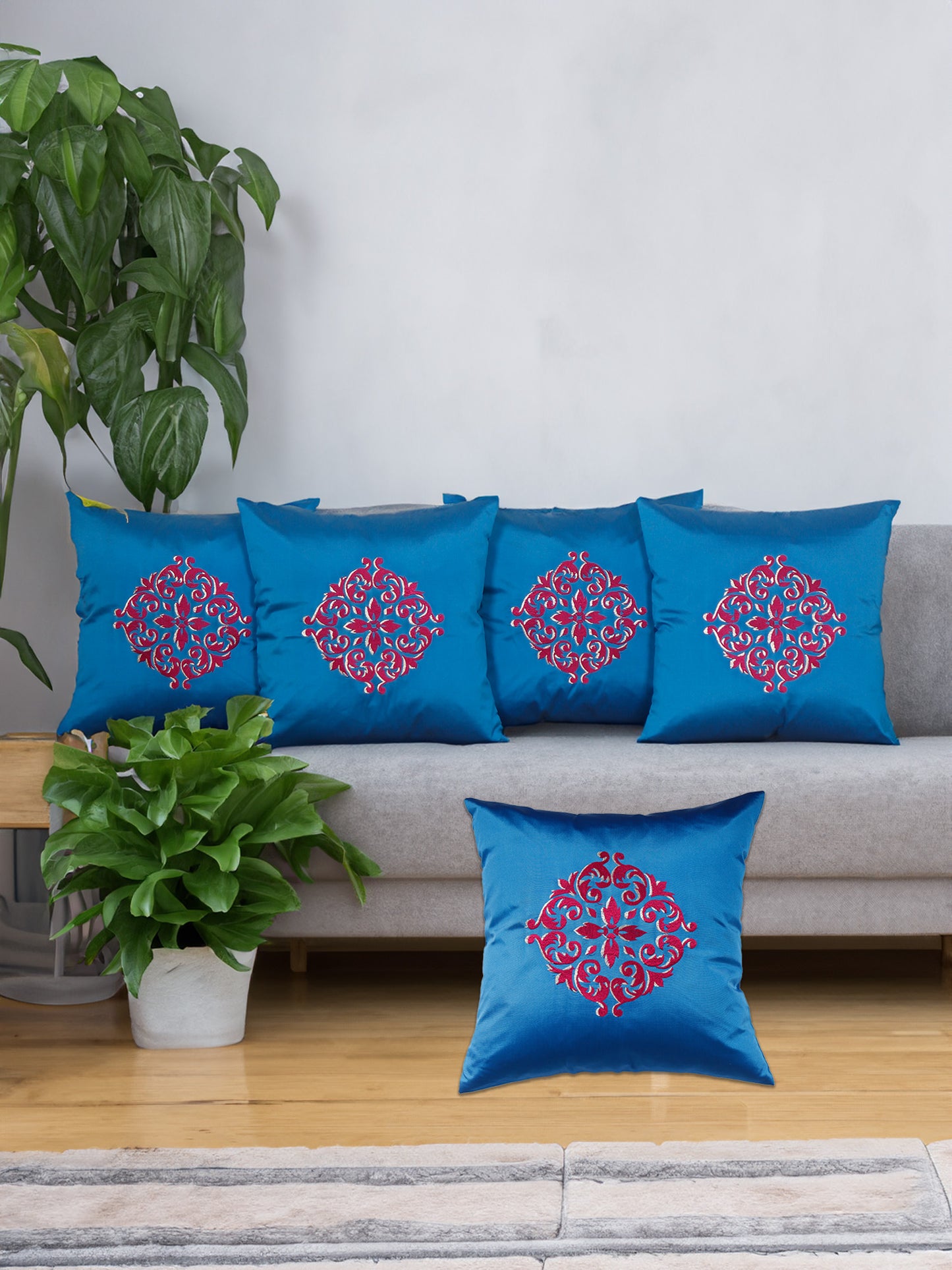 Central Mandala Ethinic Motif in Two Tone Embrodiery  Cushion Cover - Blue/Red - 16x16 Inches