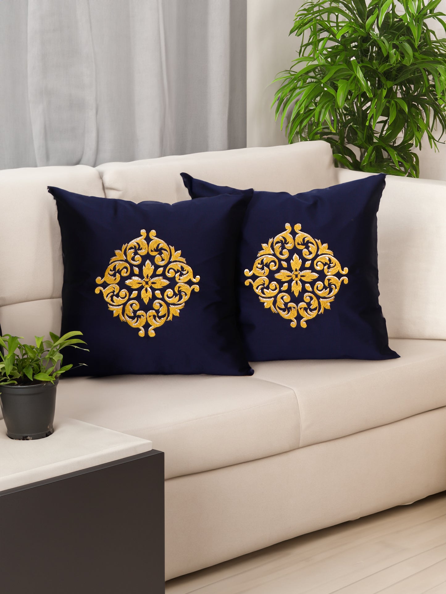 Central Mandala Ethinic Motif in Two Tone Embrodiery  Cushion Cover - Blue/Gold - 16x16 Inches (Pack of 1)