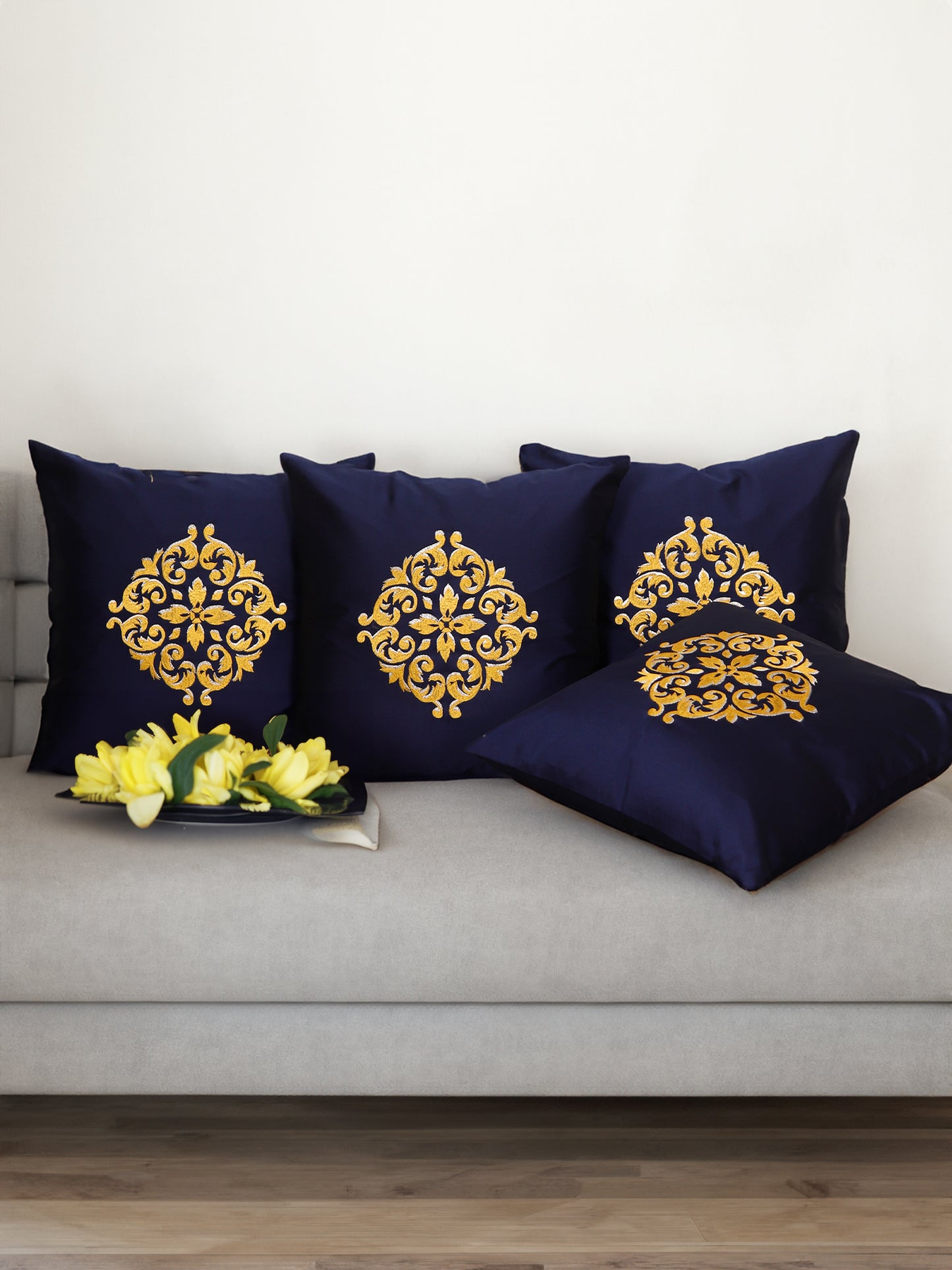 Central Mandala Ethinic Motif in Two Tone Embrodiery  Cushion Cover - Blue/Gold - 16x16 Inches (Pack of 1)