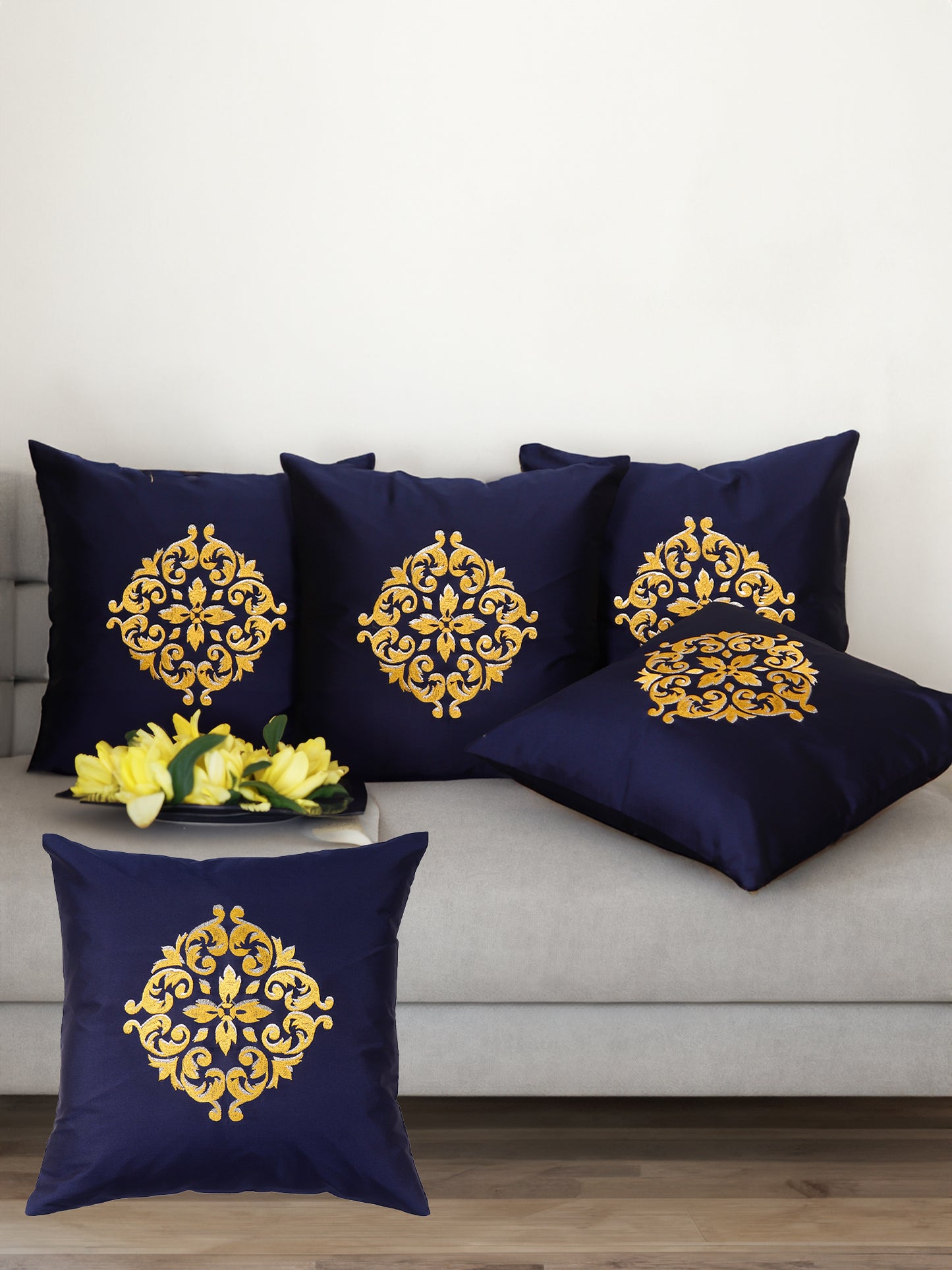 Central Mandala Ethinic Motif in Two Tone Embrodiery  Cushion Cover - Blue/Gold - 16x16 Inches (Pack of 1)