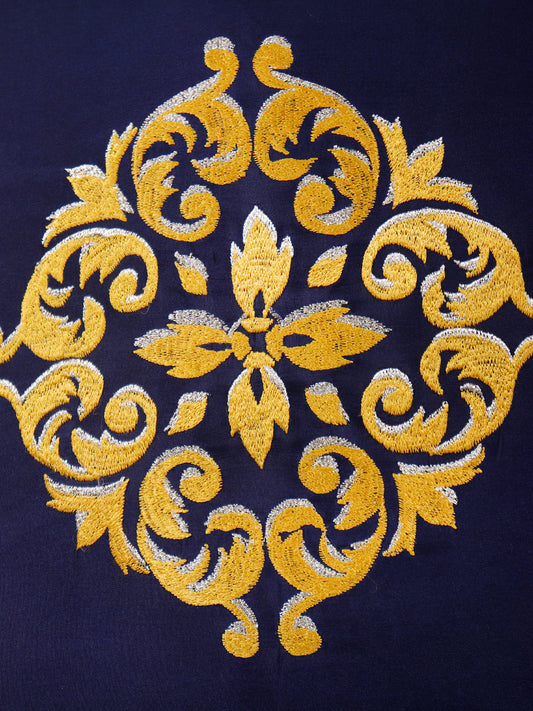 Central Mandala Ethinic Motif in Two Tone Embrodiery  Cushion Cover - Blue/Gold - 16x16 Inches (Pack of 1)