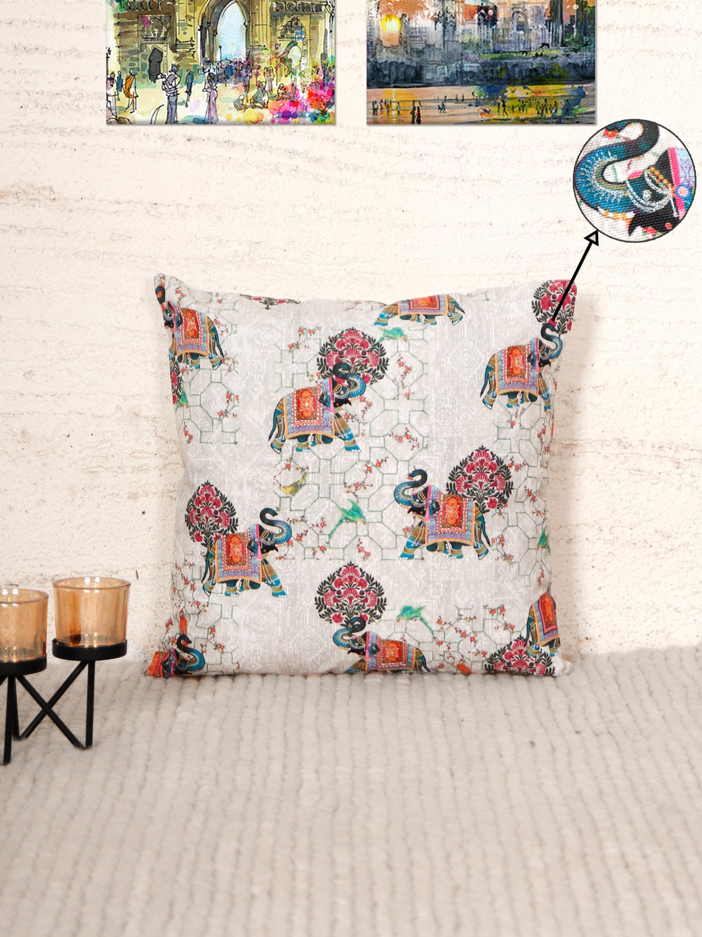 Mughal Elephant Play Printed Cushion Cover with Highlighted Silver  Embroiderey - White - 16x16 Inches