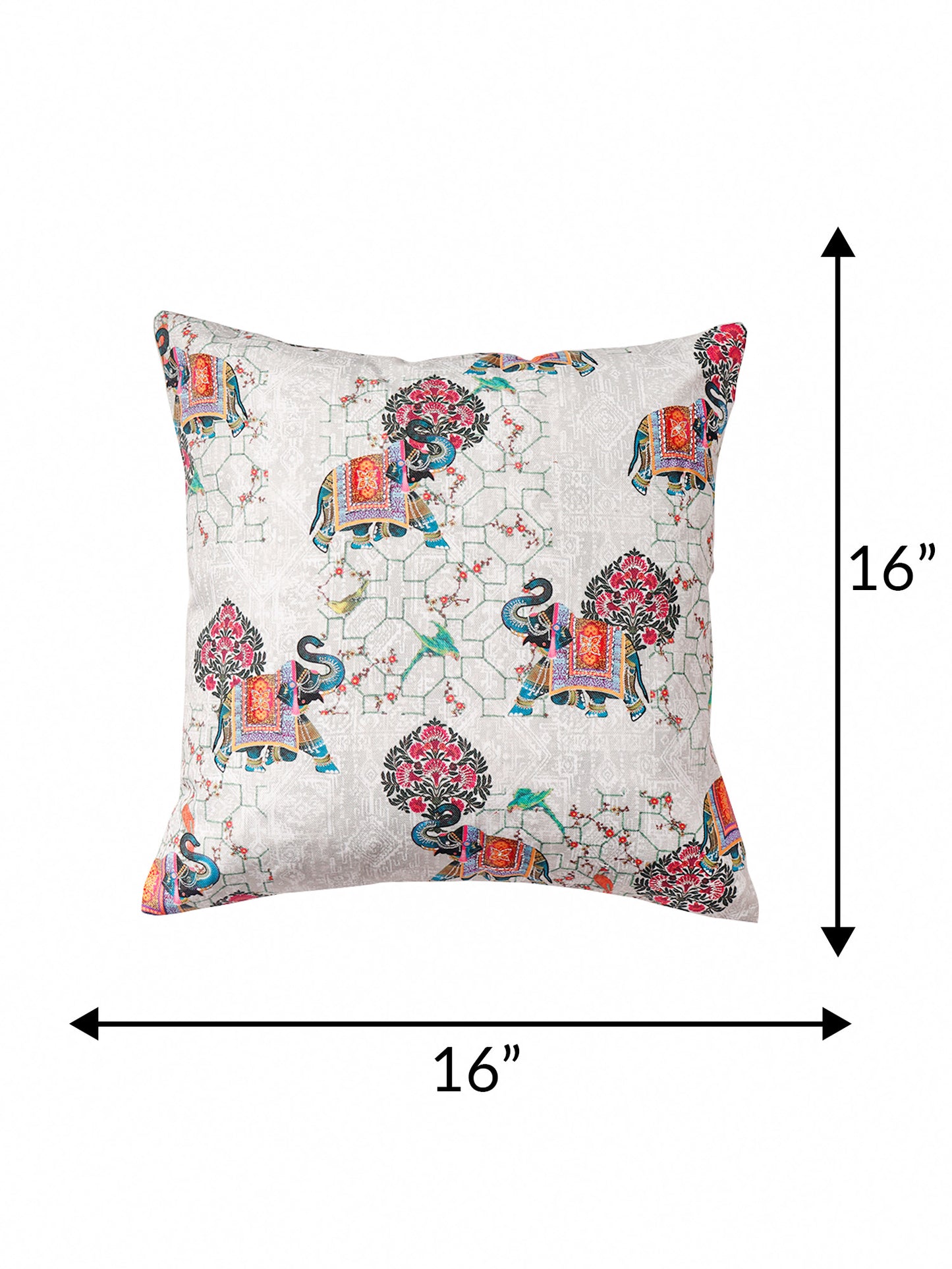Mughal Elephant Play Printed Cushion Cover with Highlighted Silver  Embroiderey - White - 16x16 Inches