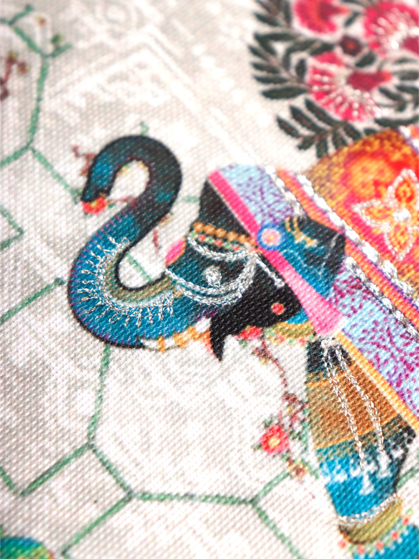 Mughal Elephant Play Printed Cushion Cover with Highlighted Silver  Embroiderey - White - 16x16 Inches
