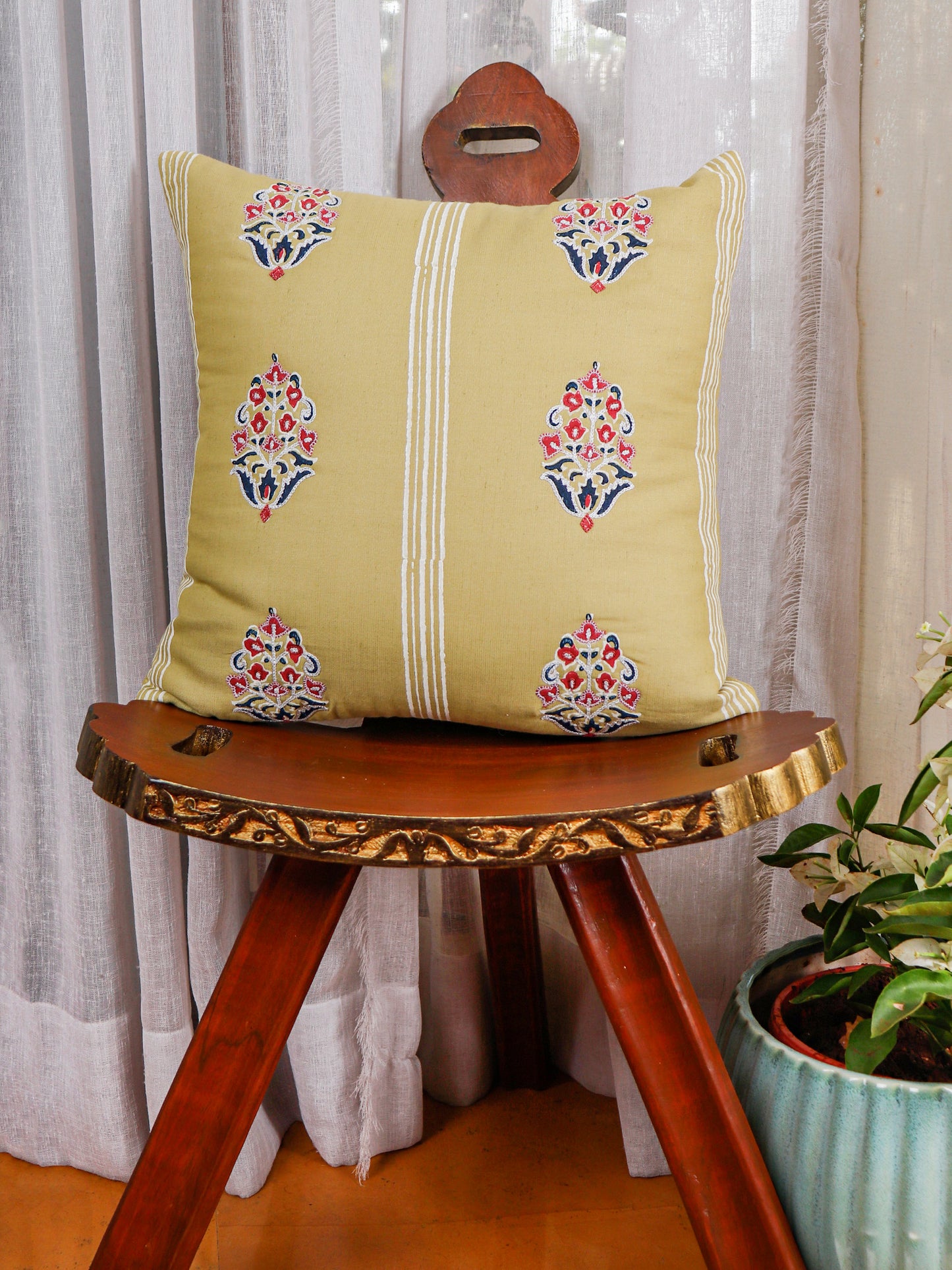 Hand Embroidered Luxe Collection Cushion Covers | Block Printing Coral - 16x16 Inches (Set of 4)