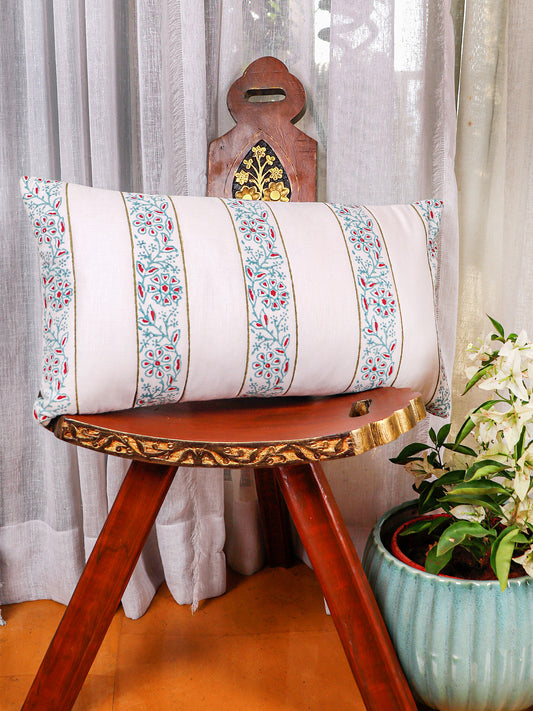 Hand Embroidered Luxe Collection Cushion Covers | Block Printed with Quilted Stitching Off White - 12x22 Inches
