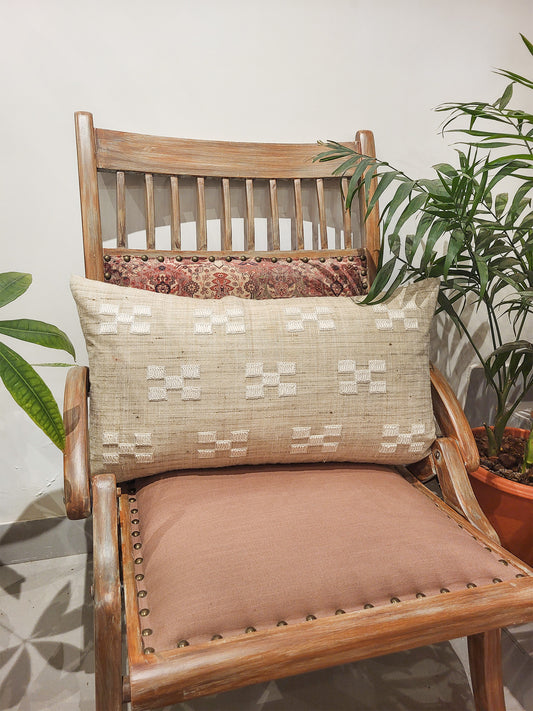 Hand Knotted Embroidered Cushion Cover | Linen 12x22 - 12x22 Inches
