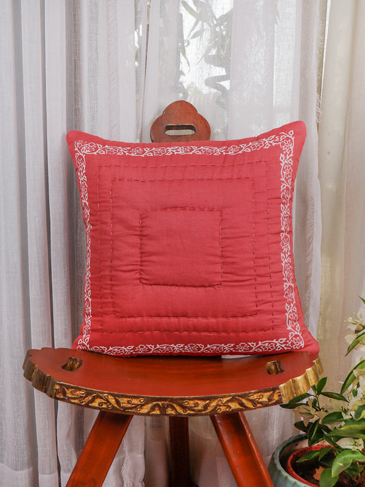 Hand Embroidered Luxe Collection Cushion Cover | Block Printing Coral - 16x16 Inches